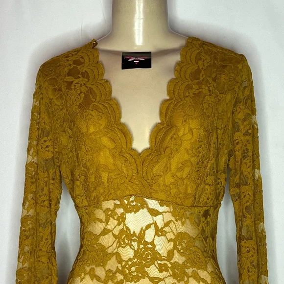 BRAND NEW GOLD YELLOW LACE LONG SLEEVE BODYSUIT SIZE LARGE - Picture 2 of 3